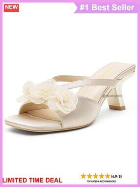Floral Satin Square Open Toe Kitten Heel Mules Slip On Dress Sandals
